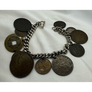 Vintage 11 Coin Charm Bracelet Mexico 1905 Canada 1943 1891 Queen Victoria 1875